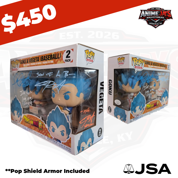 Dragon Ball Super: Goku & Vegeta (Baseball) Funko Pop! 2 Pack Triple Signed & Triple Quoted by Sean Schemmel & Christopher Sabat