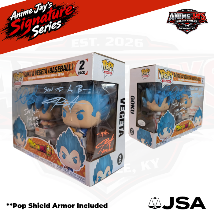Dragon Ball Super: Goku & Vegeta (Baseball) Funko Pop! 2 Pack Triple Signed & Triple Quoted by Sean Schemmel & Christopher Sabat